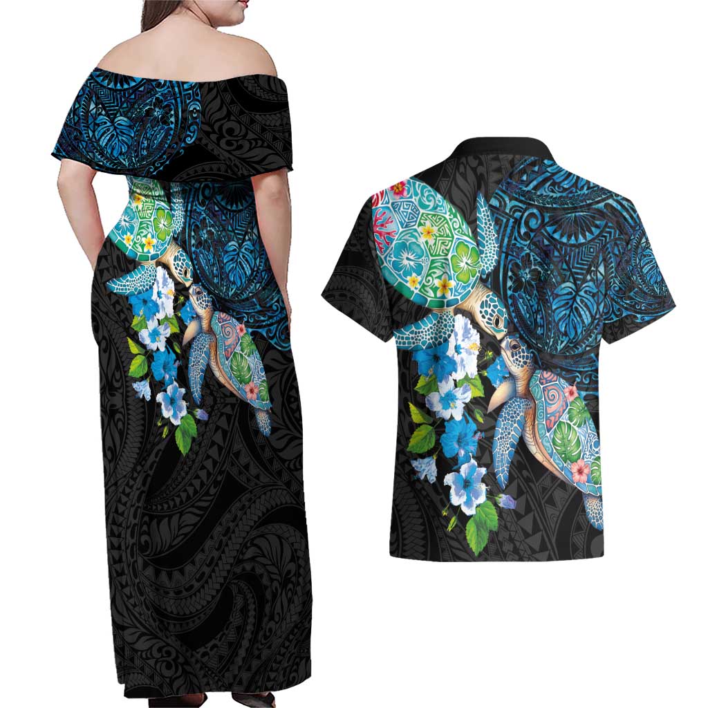 Hawaiian Couple Turtles Honi Couples Matching Off Shoulder Maxi Dress and Hawaiian Shirt Polynesian Art Motifs and Hibiscus Black Blue Color - Polynesian Pride