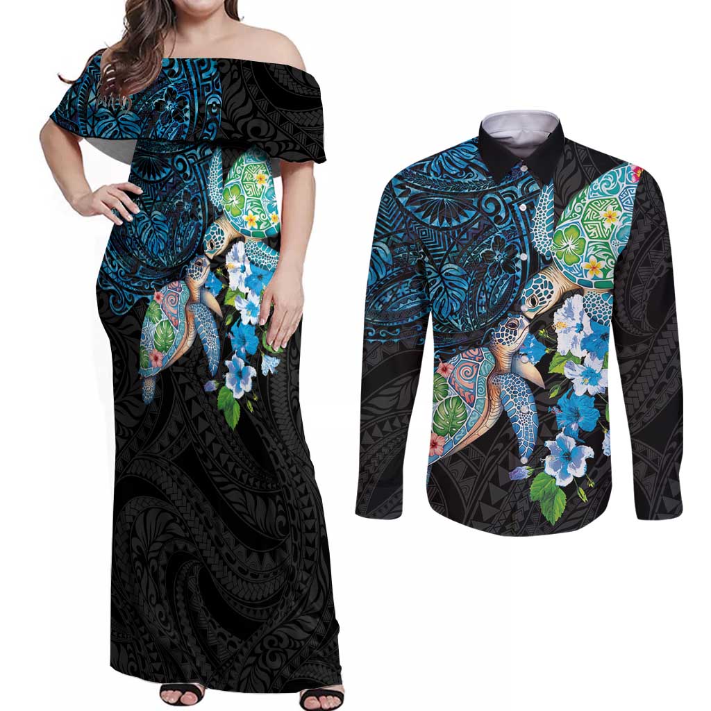 Hawaiian Couple Turtles Honi Couples Matching Off Shoulder Maxi Dress and Long Sleeve Button Shirt Polynesian Art Motifs and Hibiscus Black Blue Color - Polynesian Pride