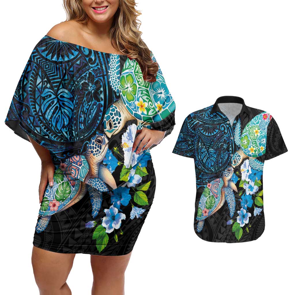 Hawaiian Couple Turtles Honi Couples Matching Off Shoulder Short Dress and Hawaiian Shirt Polynesian Art Motifs and Hibiscus Black Blue Color - Polynesian Pride
