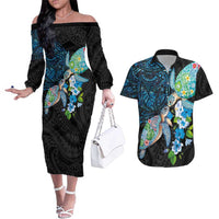 Hawaiian Couple Turtles Honi Couples Matching Off The Shoulder Long Sleeve Dress and Hawaiian Shirt Polynesian Art Motifs and Hibiscus Black Blue Color - Polynesian Pride