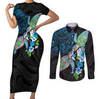 Hawaiian Couple Turtles Honi Couples Matching Short Sleeve Bodycon Dress and Long Sleeve Button Shirt Polynesian Art Motifs and Hibiscus Black Blue Color - Polynesian Pride