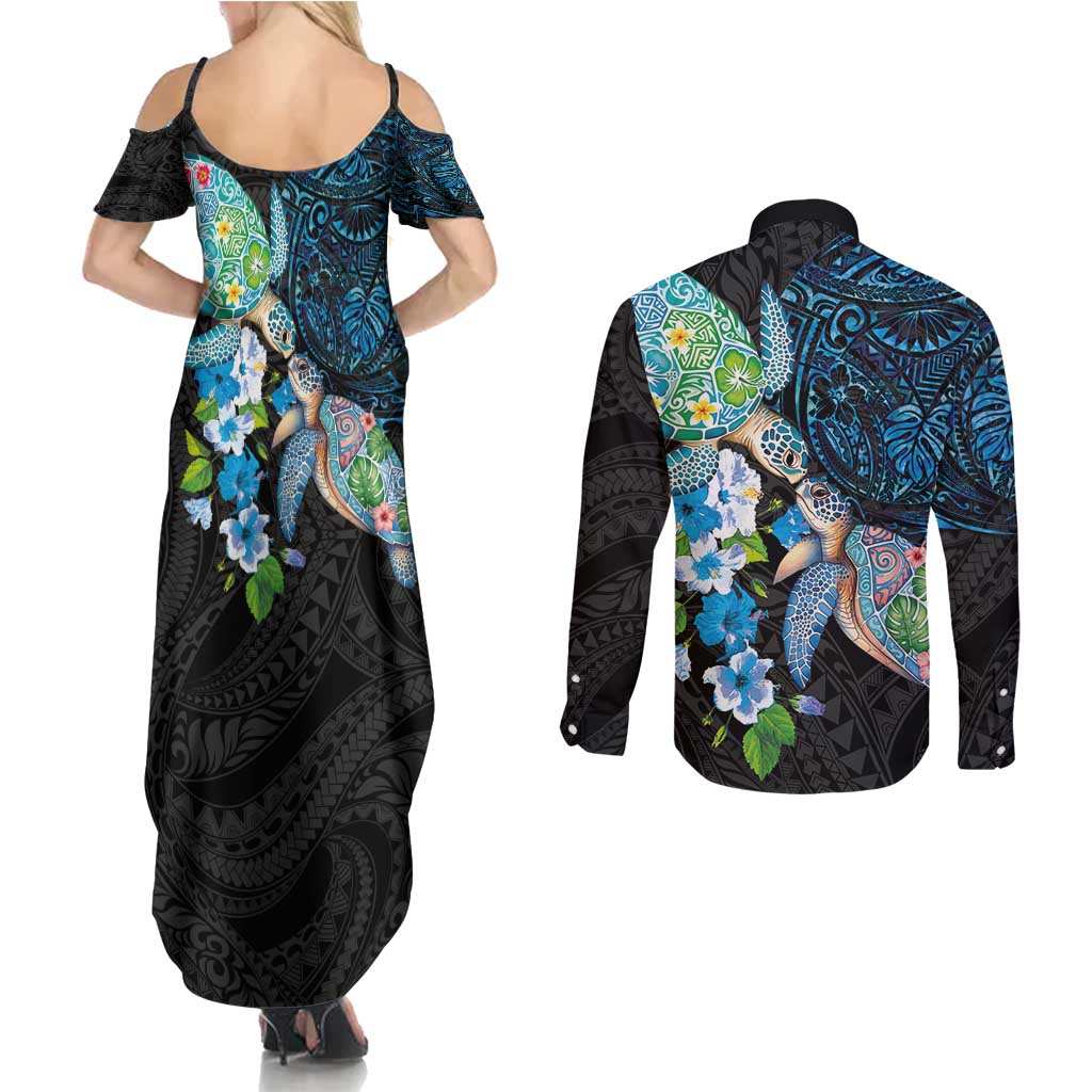 Hawaiian Couple Turtles Honi Couples Matching Summer Maxi Dress and Long Sleeve Button Shirt Polynesian Art Motifs and Hibiscus Black Blue Color - Polynesian Pride