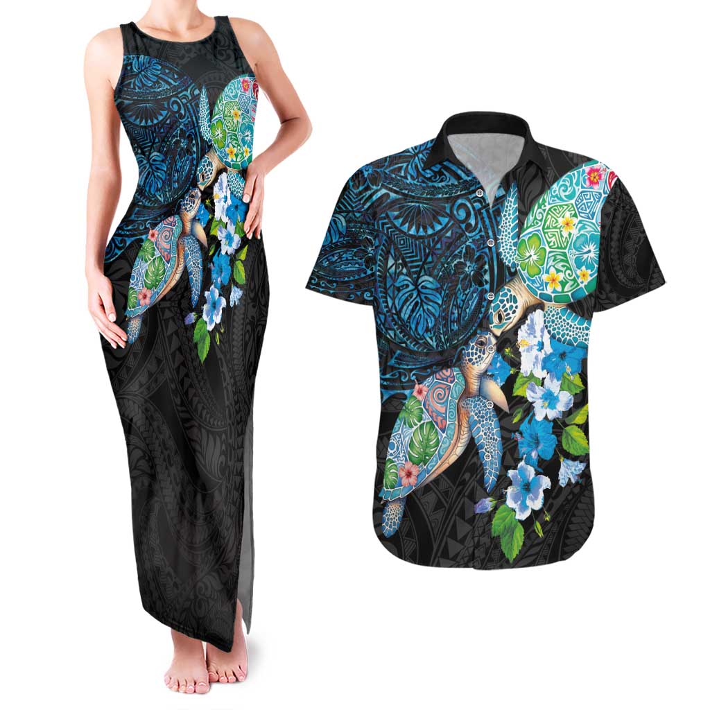 Hawaiian Couple Turtles Honi Couples Matching Tank Maxi Dress and Hawaiian Shirt Polynesian Art Motifs and Hibiscus Black Blue Color - Polynesian Pride