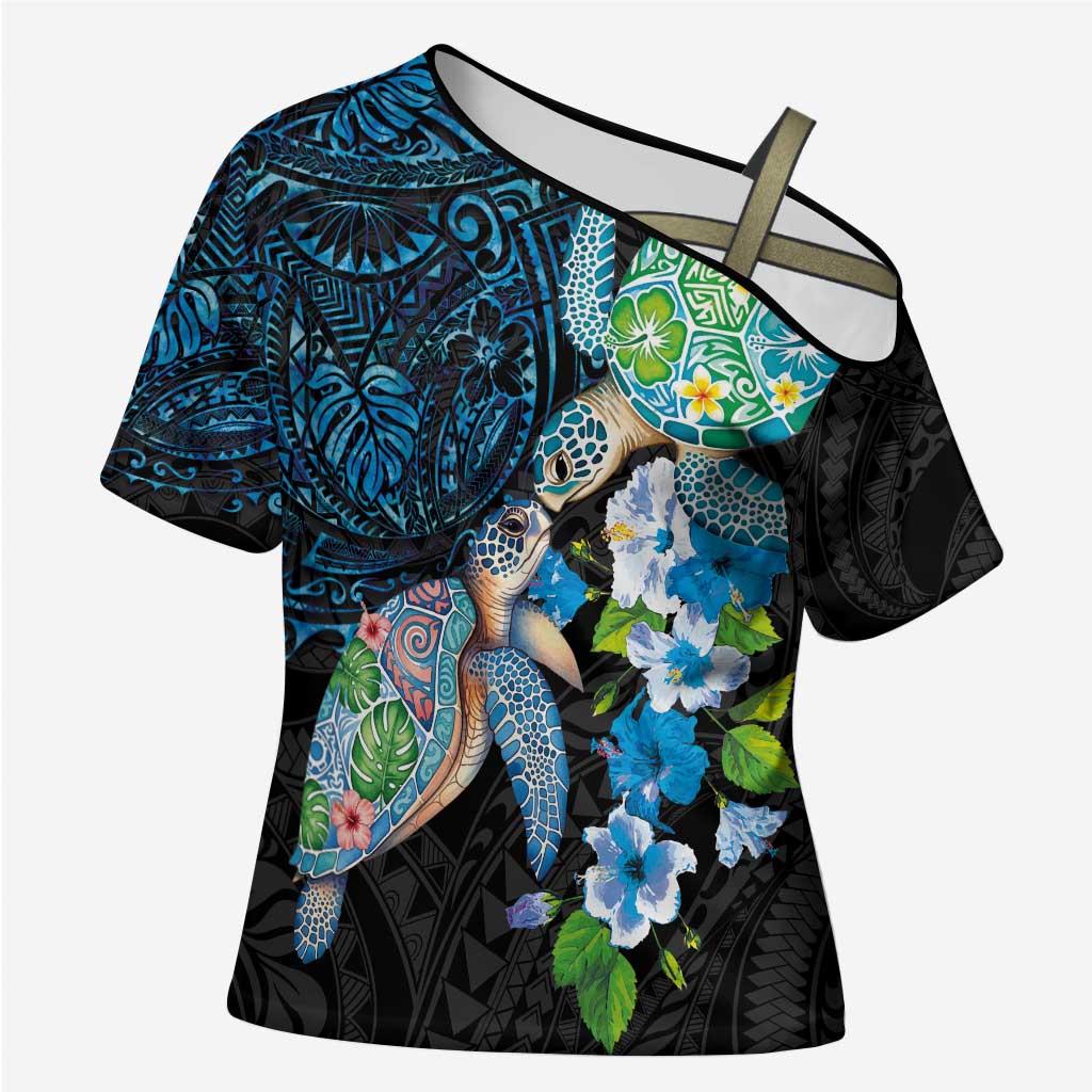 Hawaiian Couple Turtles Honi Cross Shoulder Shirt Polynesian Art Motifs and Hibiscus Black Blue Color - Polynesian Pride