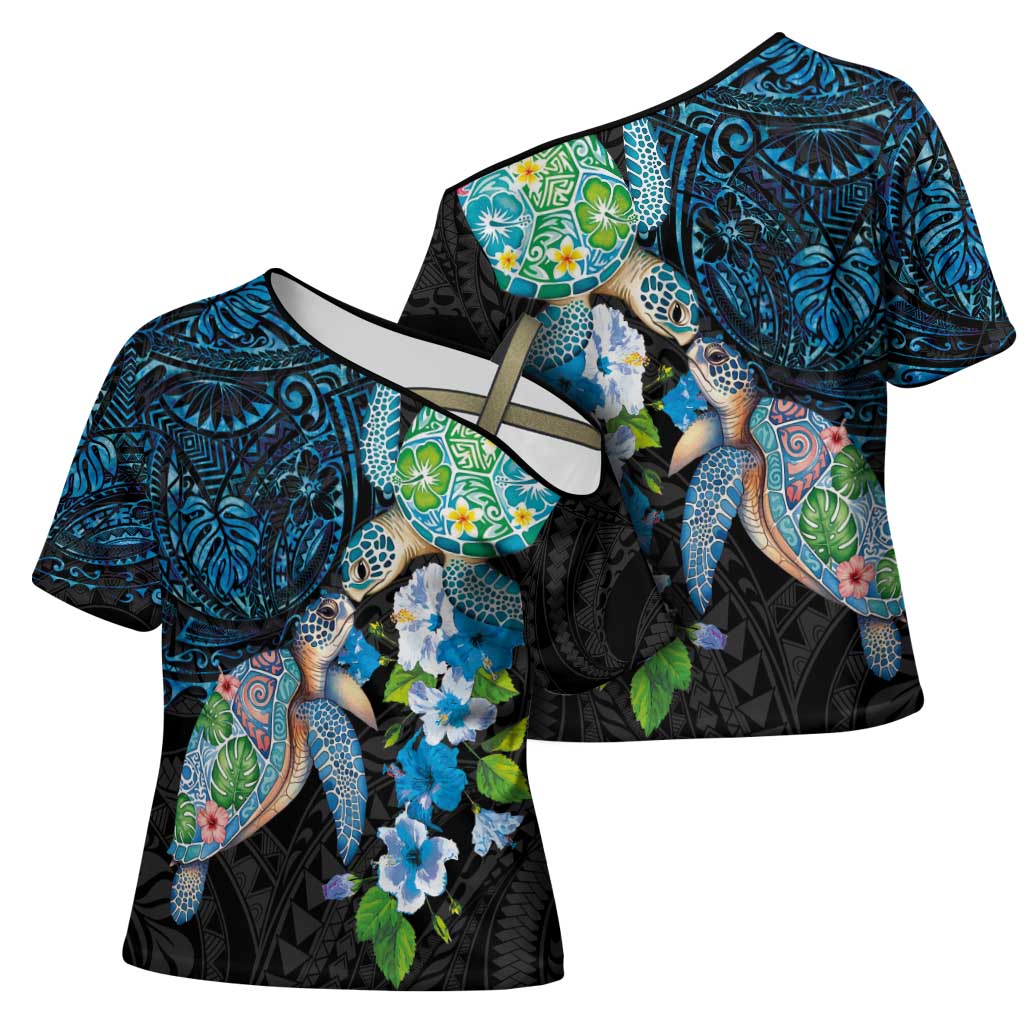 Hawaiian Couple Turtles Honi Cross Shoulder Shirt Polynesian Art Motifs and Hibiscus Black Blue Color - Polynesian Pride