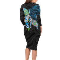 Hawaiian Couple Turtles Honi Family Matching Long Sleeve Bodycon Dress and Hawaiian Shirt Polynesian Art Motifs and Hibiscus Black Blue Color - Polynesian Pride