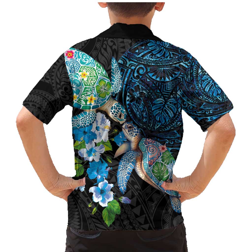 Hawaiian Couple Turtles Honi Family Matching Mermaid Dress and Hawaiian Shirt Polynesian Art Motifs and Hibiscus Black Blue Color - Polynesian Pride