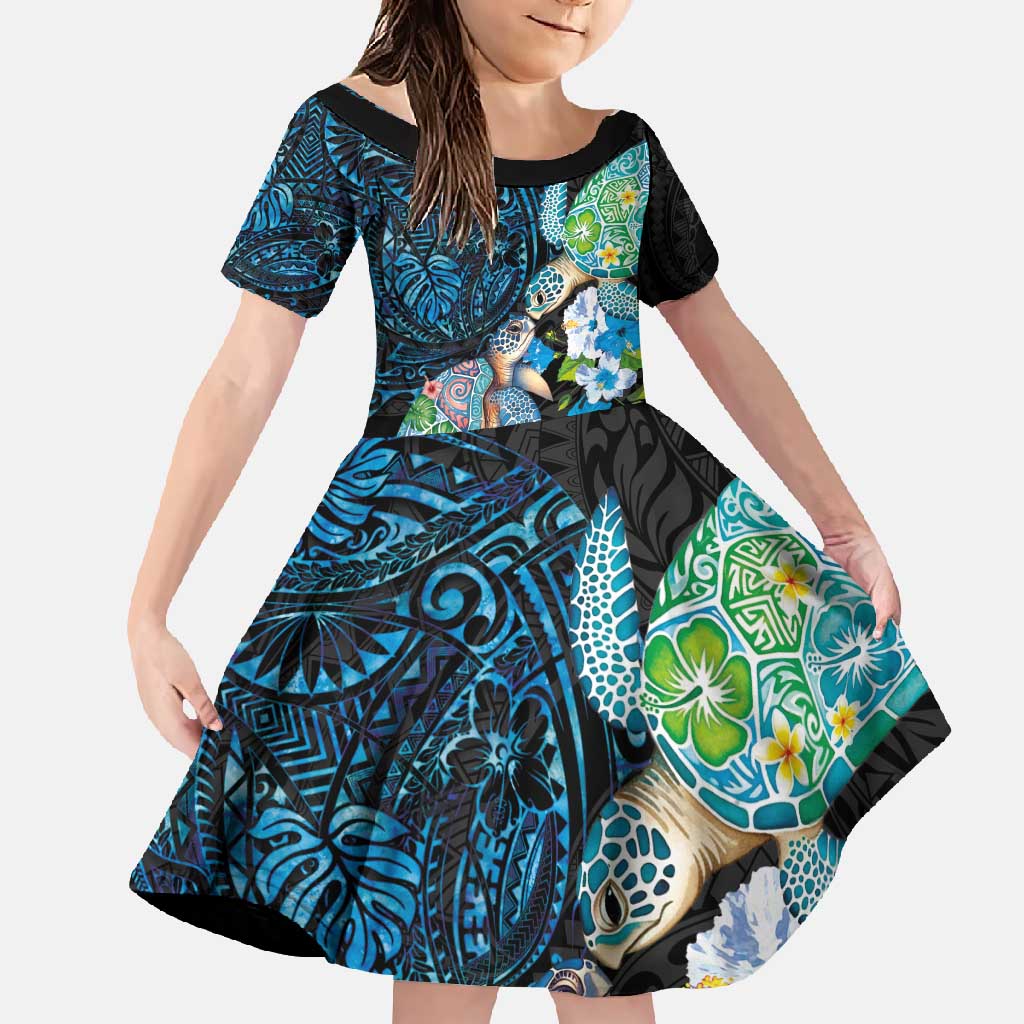 Hawaiian Couple Turtles Honi Family Matching Mermaid Dress and Hawaiian Shirt Polynesian Art Motifs and Hibiscus Black Blue Color - Polynesian Pride