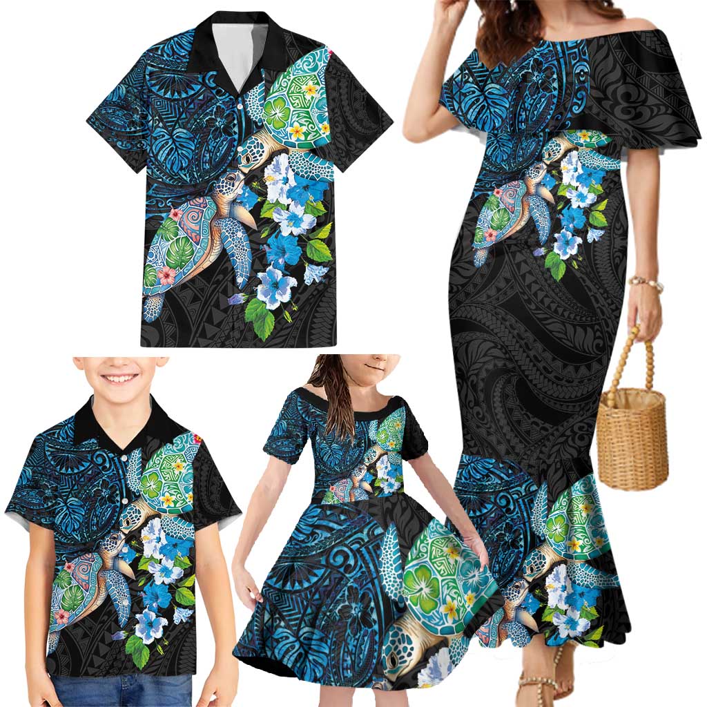 Hawaiian Couple Turtles Honi Family Matching Mermaid Dress and Hawaiian Shirt Polynesian Art Motifs and Hibiscus Black Blue Color - Polynesian Pride