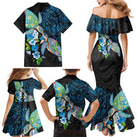 Hawaiian Couple Turtles Honi Family Matching Mermaid Dress and Hawaiian Shirt Polynesian Art Motifs and Hibiscus Black Blue Color - Polynesian Pride