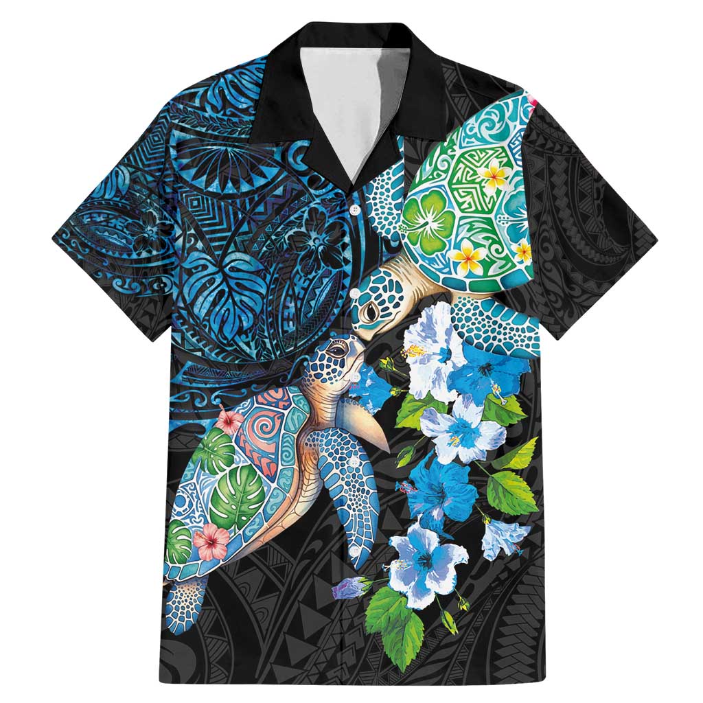 Hawaiian Couple Turtles Honi Family Matching Mermaid Dress and Hawaiian Shirt Polynesian Art Motifs and Hibiscus Black Blue Color - Polynesian Pride