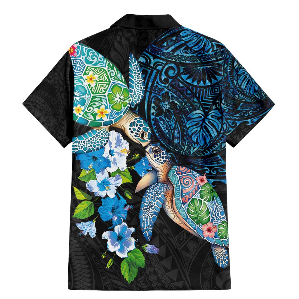 Hawaiian Couple Turtles Honi Family Matching Mermaid Dress and Hawaiian Shirt Polynesian Art Motifs and Hibiscus Black Blue Color - Polynesian Pride