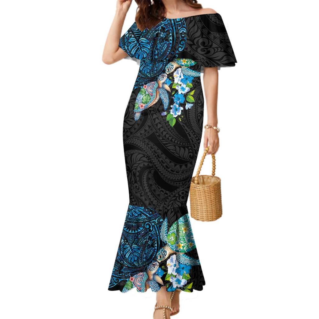 Hawaiian Couple Turtles Honi Family Matching Mermaid Dress and Hawaiian Shirt Polynesian Art Motifs and Hibiscus Black Blue Color - Polynesian Pride