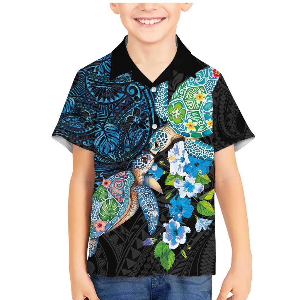 Hawaiian Couple Turtles Honi Family Matching Mermaid Dress and Hawaiian Shirt Polynesian Art Motifs and Hibiscus Black Blue Color - Polynesian Pride