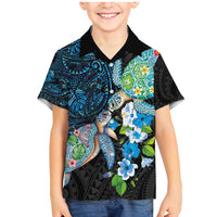 Hawaiian Couple Turtles Honi Family Matching Mermaid Dress and Hawaiian Shirt Polynesian Art Motifs and Hibiscus Black Blue Color - Polynesian Pride