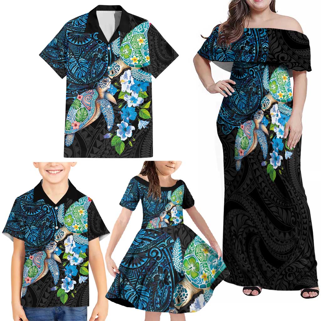 Hawaiian Couple Turtles Honi Family Matching Off Shoulder Maxi Dress and Hawaiian Shirt Polynesian Art Motifs and Hibiscus Black Blue Color - Polynesian Pride