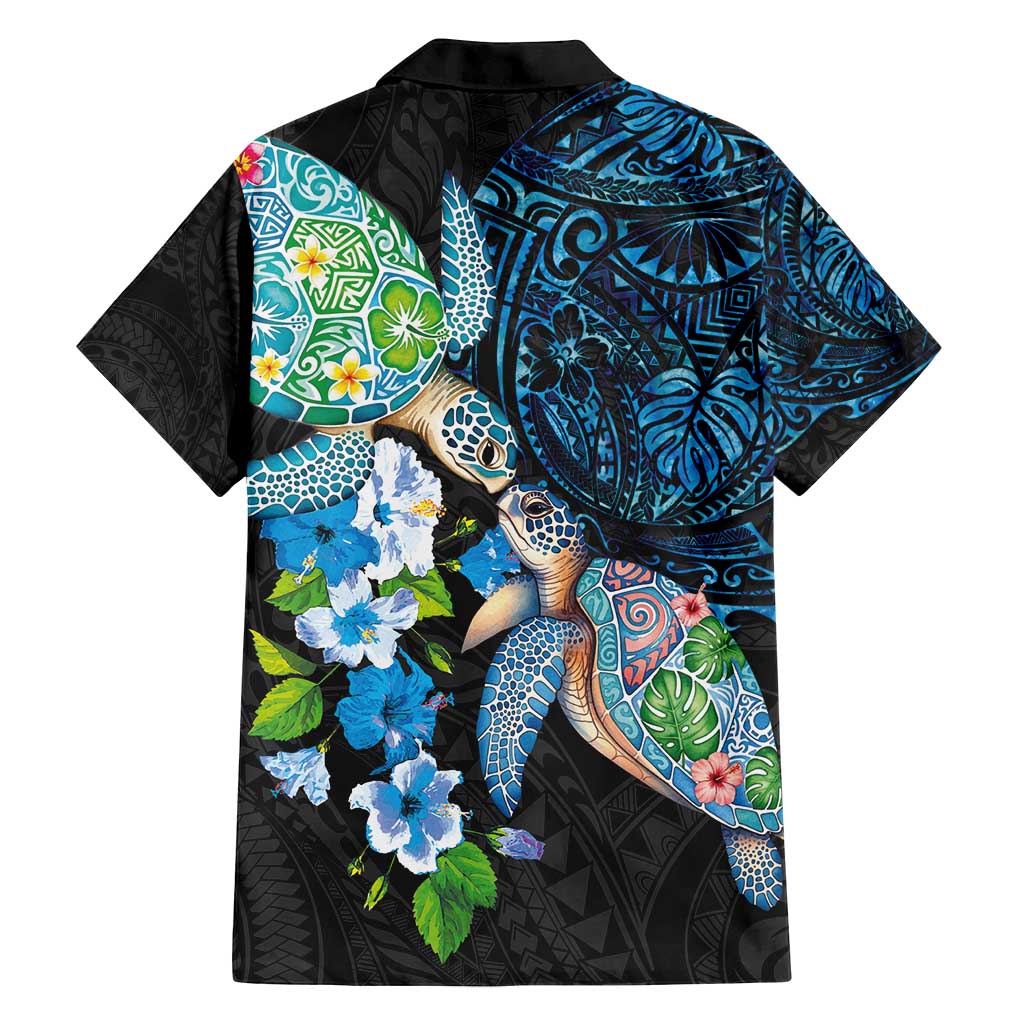 Hawaiian Couple Turtles Honi Family Matching Off Shoulder Maxi Dress and Hawaiian Shirt Polynesian Art Motifs and Hibiscus Black Blue Color - Polynesian Pride