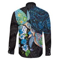 Hawaiian Couple Turtles Honi Family Matching Off Shoulder Short Dress and Hawaiian Shirt Polynesian Art Motifs and Hibiscus Black Blue Color - Polynesian Pride