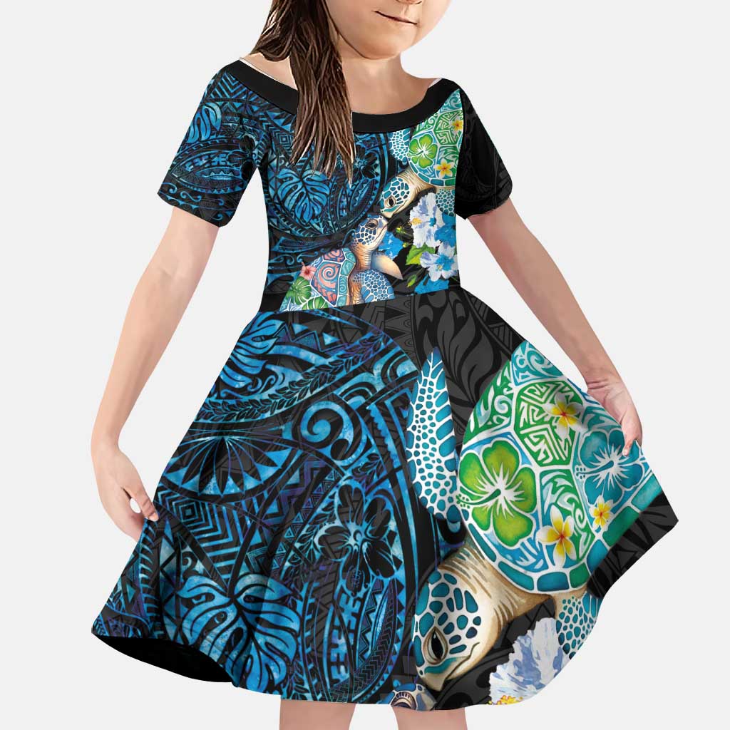 Hawaiian Couple Turtles Honi Family Matching Puletasi and Hawaiian Shirt Polynesian Art Motifs and Hibiscus Black Blue Color LT03 Daughter's Dress Black - Polynesian Pride
