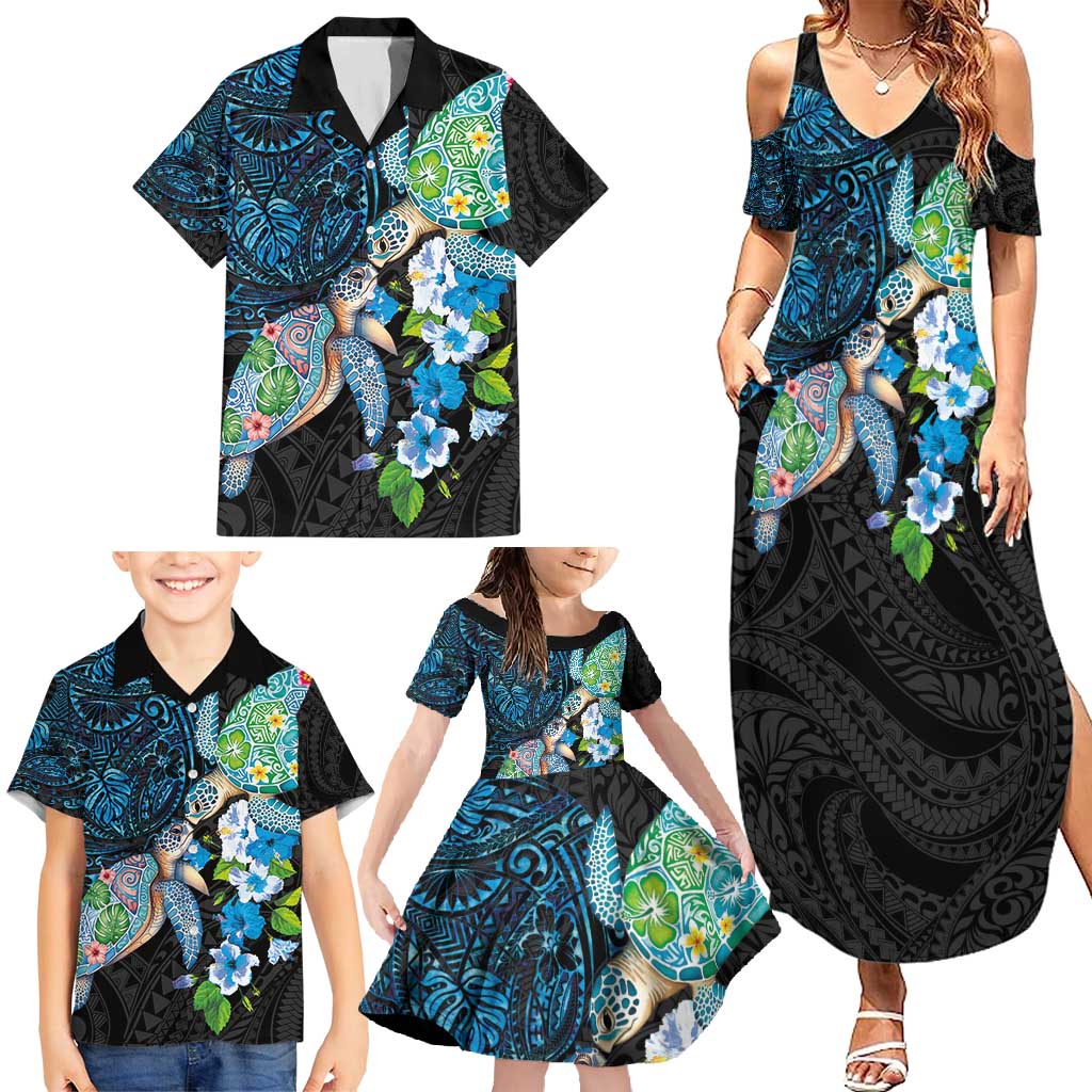 Hawaiian Couple Turtles Honi Family Matching Summer Maxi Dress and Hawaiian Shirt Polynesian Art Motifs and Hibiscus Black Blue Color - Polynesian Pride