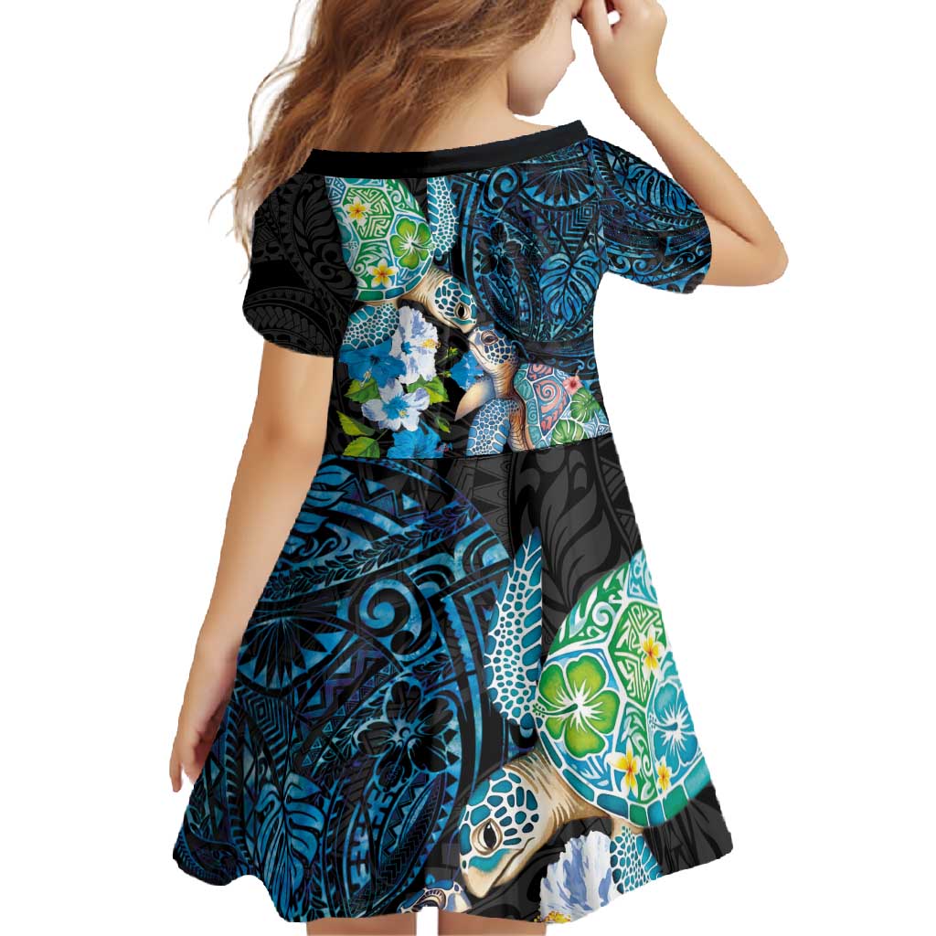 Hawaiian Couple Turtles Honi Family Matching Tank Maxi Dress and Hawaiian Shirt Polynesian Art Motifs and Hibiscus Black Blue Color - Polynesian Pride