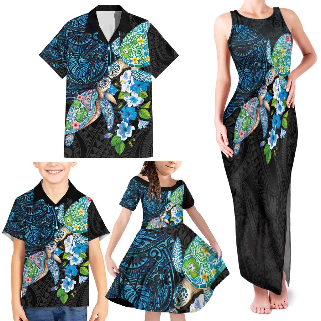 Hawaiian Couple Turtles Honi Family Matching Tank Maxi Dress and Hawaiian Shirt Polynesian Art Motifs and Hibiscus Black Blue Color - Polynesian Pride
