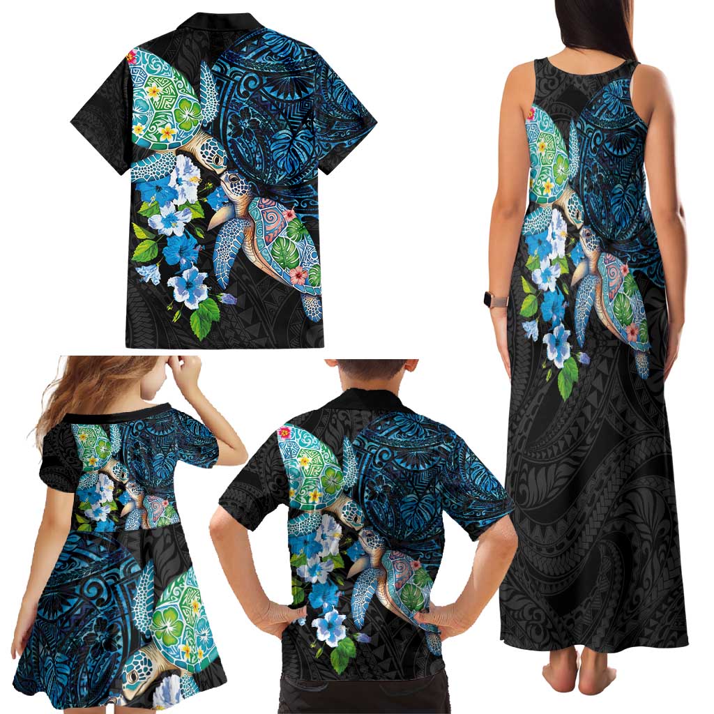 Hawaiian Couple Turtles Honi Family Matching Tank Maxi Dress and Hawaiian Shirt Polynesian Art Motifs and Hibiscus Black Blue Color - Polynesian Pride