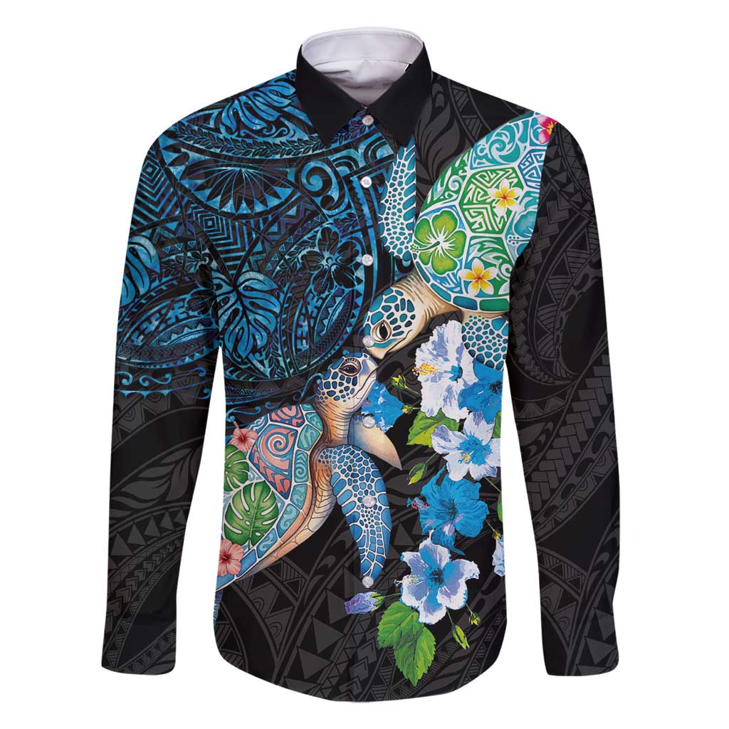 Hawaiian Couple Turtles Honi Family Matching Tank Maxi Dress and Hawaiian Shirt Polynesian Art Motifs and Hibiscus Black Blue Color - Polynesian Pride