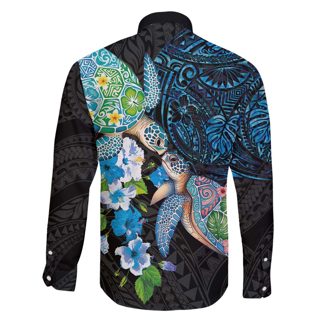 Hawaiian Couple Turtles Honi Family Matching Tank Maxi Dress and Hawaiian Shirt Polynesian Art Motifs and Hibiscus Black Blue Color - Polynesian Pride