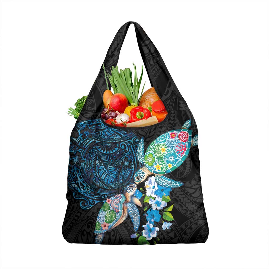 Hawaiian Couple Turtles Honi Grocery Bag Polynesian Art Motifs and Hibiscus Black Blue Color - Polynesian Pride