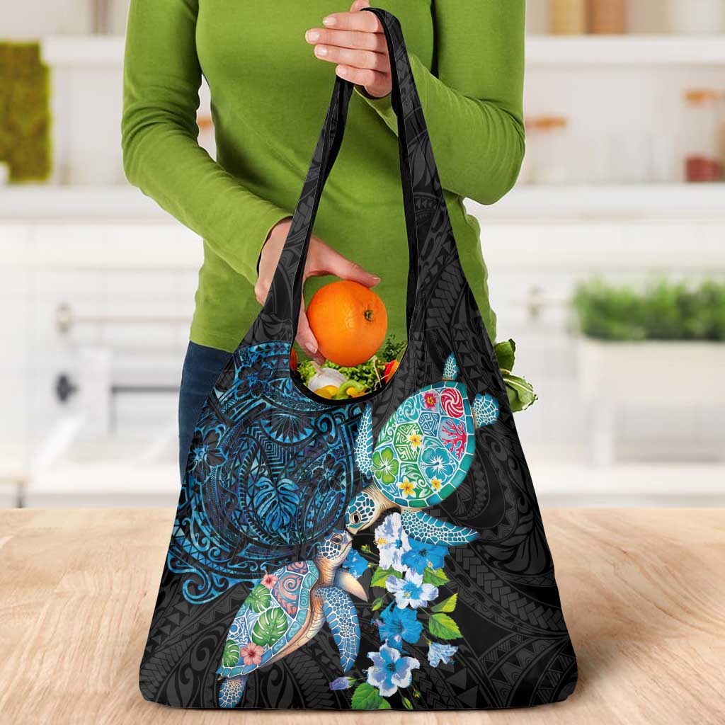 Hawaiian Couple Turtles Honi Grocery Bag Polynesian Art Motifs and Hibiscus Black Blue Color - Polynesian Pride