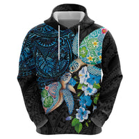 Hawaiian Couple Turtles Honi Hoodie Polynesian Art Motifs and Hibiscus Black Blue Color - Polynesian Pride