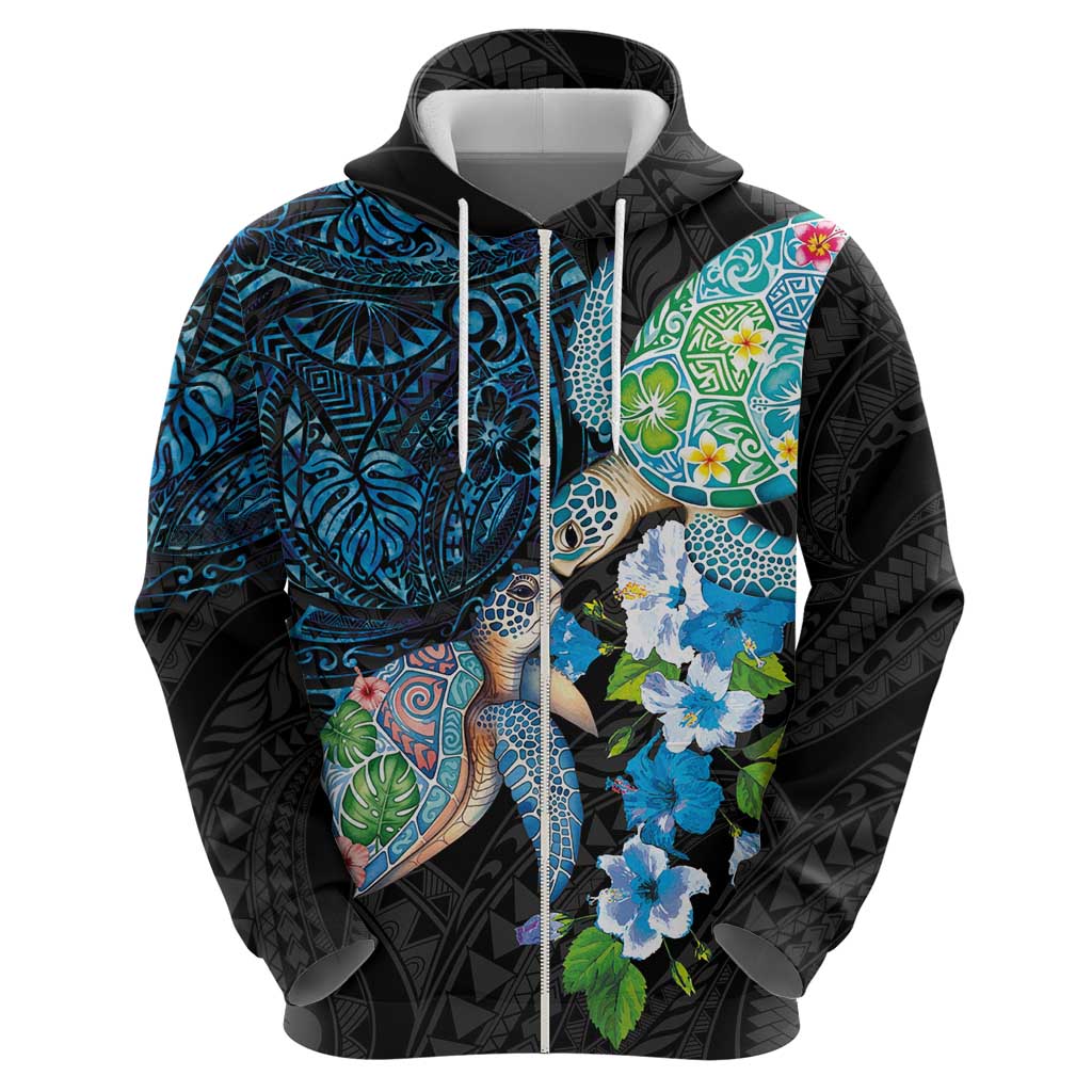 Hawaiian Couple Turtles Honi Hoodie Polynesian Art Motifs and Hibiscus Black Blue Color - Polynesian Pride