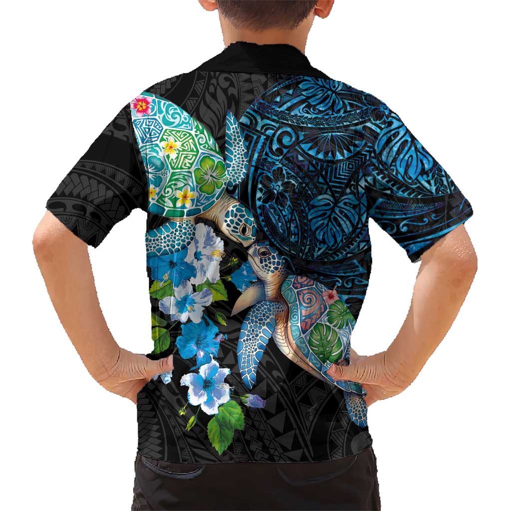 Hawaiian Couple Turtles Honi Kid Hawaiian Shirt Polynesian Art Motifs and Hibiscus Black Blue Color - Polynesian Pride