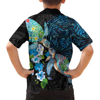 Hawaiian Couple Turtles Honi Kid Hawaiian Shirt Polynesian Art Motifs and Hibiscus Black Blue Color - Polynesian Pride