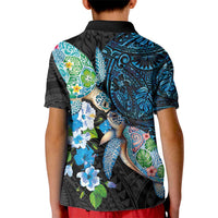Hawaiian Couple Turtles Honi Kid Polo Shirt Polynesian Art Motifs and Hibiscus Black Blue Color - Polynesian Pride