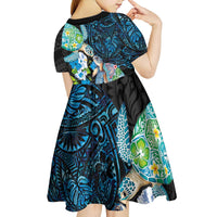 Hawaiian Couple Turtles Honi Kid Short Sleeve Dress Polynesian Art Motifs and Hibiscus Black Blue Color - Polynesian Pride