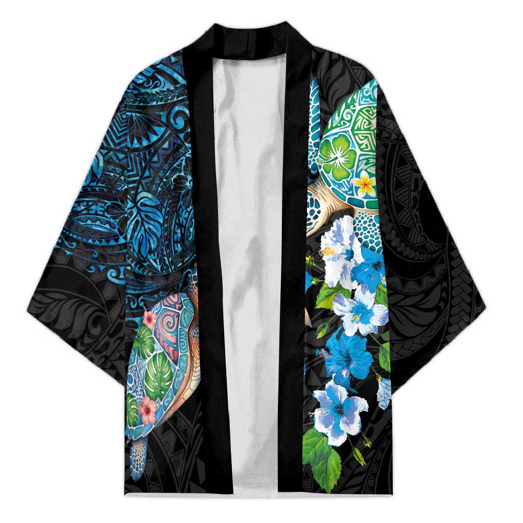 Hawaiian Couple Turtles Honi Kimono Polynesian Art Motifs and Hibiscus Black Blue Color - Polynesian Pride