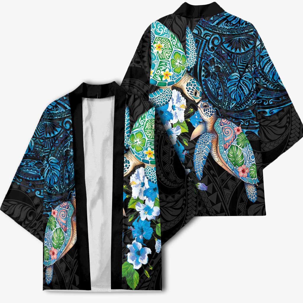 Hawaiian Couple Turtles Honi Kimono Polynesian Art Motifs and Hibiscus Black Blue Color - Polynesian Pride