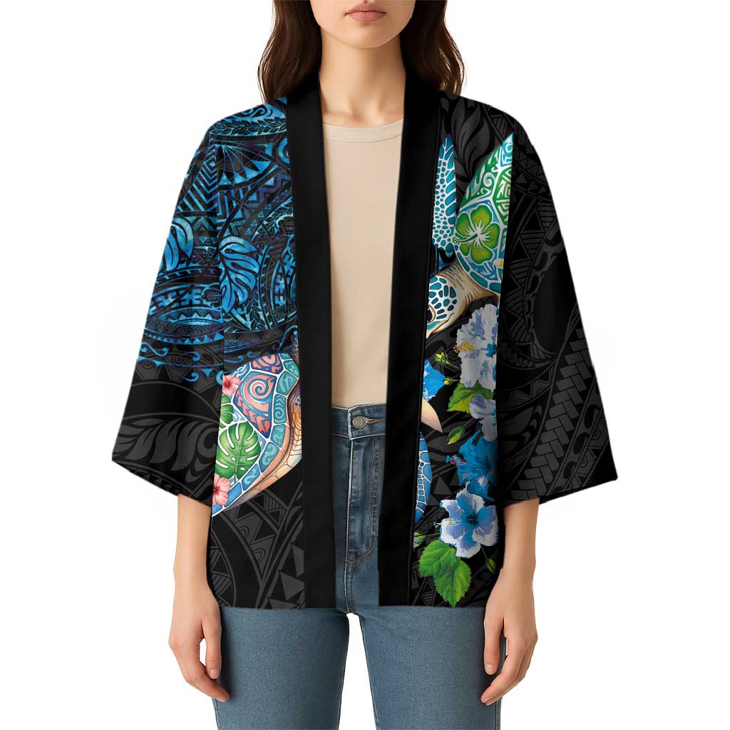 Hawaiian Couple Turtles Honi Kimono Polynesian Art Motifs and Hibiscus Black Blue Color - Polynesian Pride