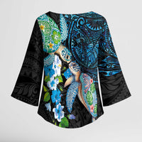 Hawaiian Couple Turtles Honi Kimono Sleeve Blouse Polynesian Art Motifs and Hibiscus Black Blue Color - Polynesian Pride