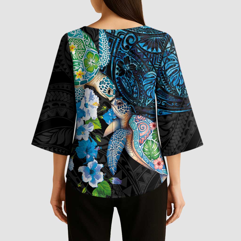 Hawaiian Couple Turtles Honi Kimono Sleeve Blouse Polynesian Art Motifs and Hibiscus Black Blue Color - Polynesian Pride