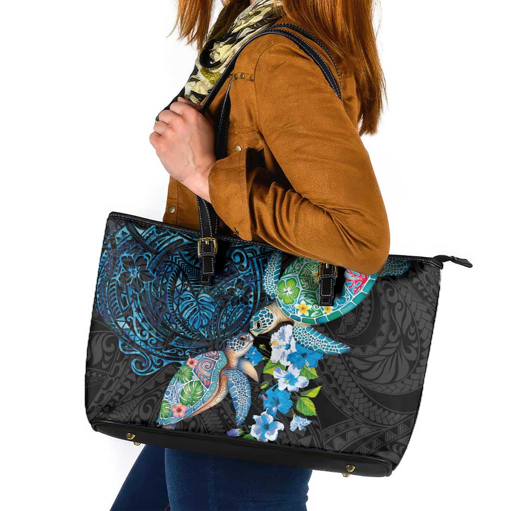 Hawaiian Couple Turtles Honi Leather Tote Bag Polynesian Art Motifs and Hibiscus Black Blue Color - Polynesian Pride