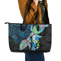 Hawaiian Couple Turtles Honi Leather Tote Bag Polynesian Art Motifs and Hibiscus Black Blue Color - Polynesian Pride