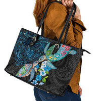 Hawaiian Couple Turtles Honi Leather Tote Bag Polynesian Art Motifs and Hibiscus Black Blue Color - Polynesian Pride
