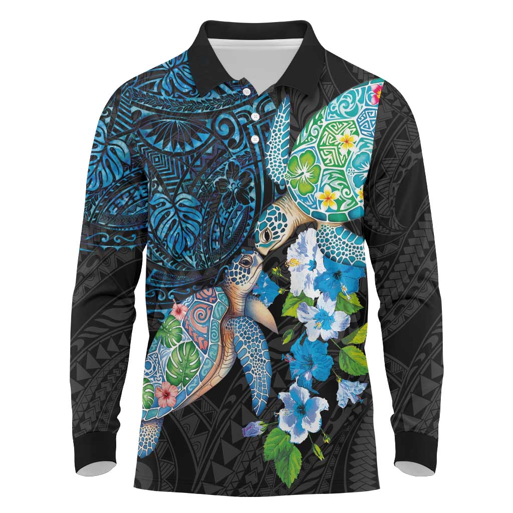 Hawaiian Couple Turtles Honi Long Sleeve Polo Shirt Polynesian Art Motifs and Hibiscus Black Blue Color - Polynesian Pride