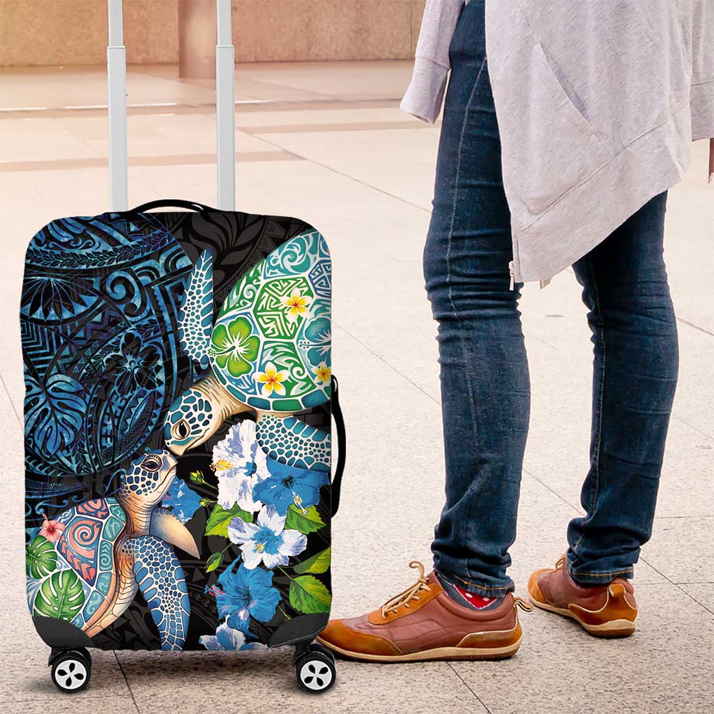 Hawaiian Couple Turtles Honi Luggage Cover Polynesian Art Motifs and Hibiscus Black Blue Color - Polynesian Pride