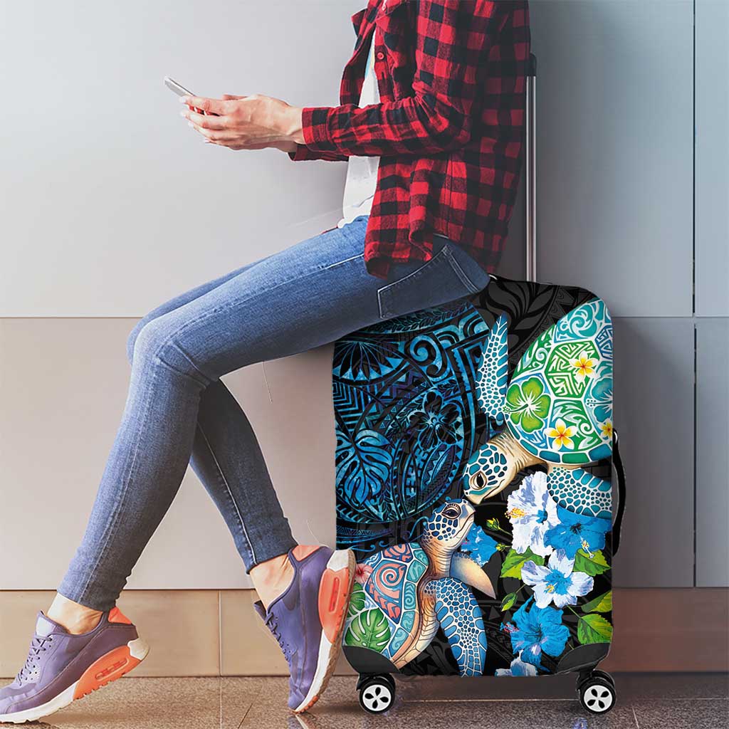 Hawaiian Couple Turtles Honi Luggage Cover Polynesian Art Motifs and Hibiscus Black Blue Color - Polynesian Pride