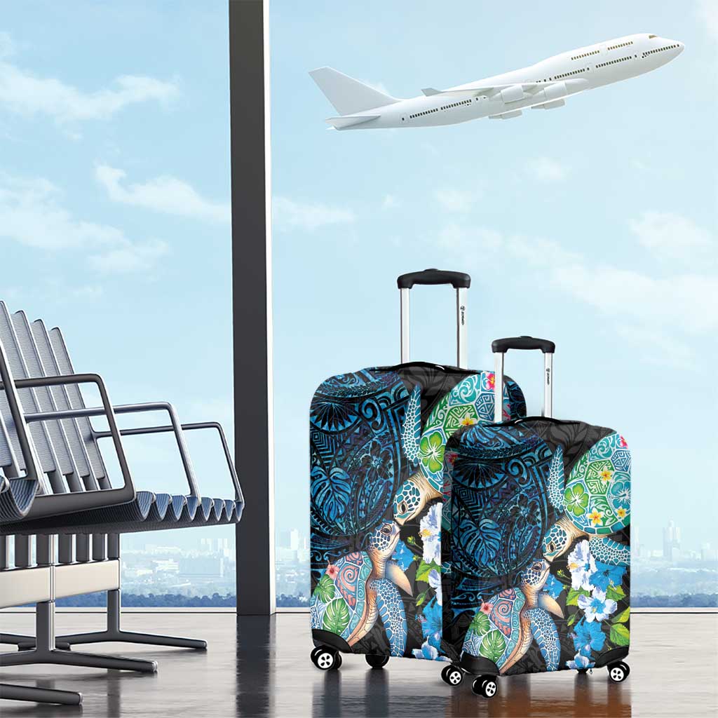 Hawaiian Couple Turtles Honi Luggage Cover Polynesian Art Motifs and Hibiscus Black Blue Color - Polynesian Pride