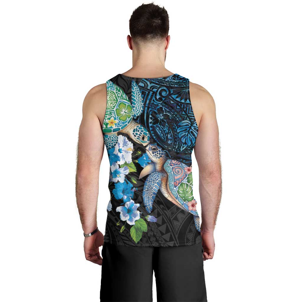 Hawaiian Couple Turtles Honi Men Tank Top Polynesian Art Motifs and Hibiscus Black Blue Color - Polynesian Pride